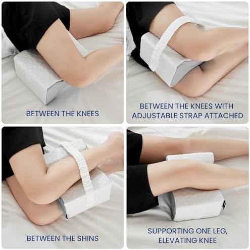 Knee Pillow for Side Sleepers,Knee Pillow,Leg Pillow for Side Sleeping,Hip Pain and Smooth Spine Alignment Pillows,Memory Foam Ergonomic and with Cover and Removable Straps,White/Gray