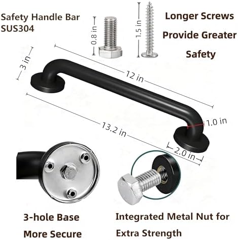 12 Inch Black Stainless Steel Handrail, Safety Grab Bars for Wall, Handicap Grab Bars for Bathroom, Shower, Toilet, RV Handrail, Hand Rails for Indoor Stairs, Stair Railing Indoor & Outdoor (2 Pack)