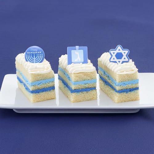 DecoPac Hanukkah Cupcake Toppers | 24 Cake Decorations, Menorah, Dreidel, Star Of David | Blue & White, Food Safe – 24 Pack