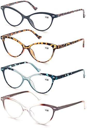 MODFANS 4 Pack Cat Eye 1.25 Reading Glasses for Women,Fashion Ladies Design Comfortable Spring Hinge Stylish 4 Pair Women Readers with 4 Pouch