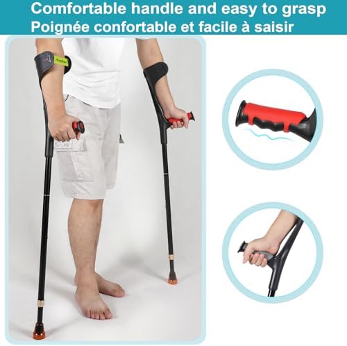 Single Forearm Crutch, Folding Forearm Crutch Lightweight Adjustable, with Rubber Handles, Comfortable Grip and Wear-Resistant, Non-Slip Forearm Crutch for Heavy Duty (Single Red)