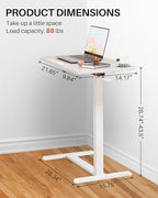 Foldable Overbed Table with Wheels, Pneumatic Height Adjustable Overbed Bedside Table, Tilting Desktop Mobile Standing Desk, Rolling Laptop Desk for Bed, Sofa, or Hospital Use (White)