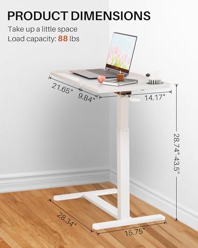 Foldable Overbed Table with Wheels, Pneumatic Height Adjustable Overbed Bedside Table, Tilting Desktop Mobile Standing Desk, Rolling Laptop Desk for Bed, Sofa, or Hospital Use (White)