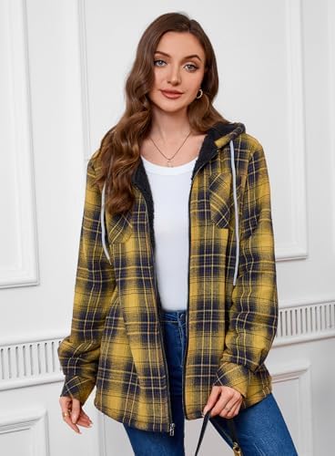 Womens Fleece Lined Jacket Fleece Zip Up Jacket Flannel Plaid shirt jacket Full Zip Hoodies for Women