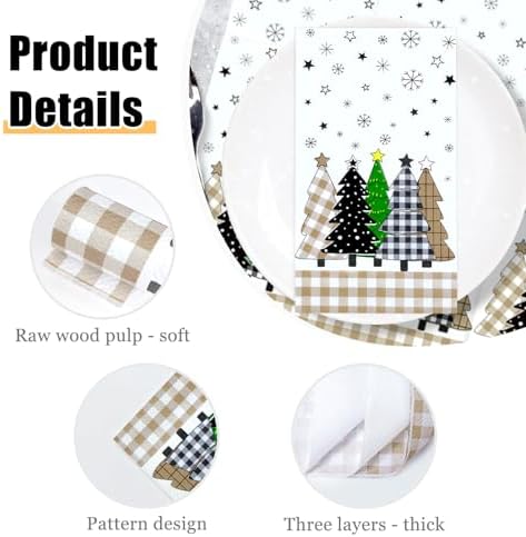 HEIPINIUYE 25 Pieces Christmas Tree Paper Napkins 3-ply Xmas Brown Buffalo Plaid Tree Guest Towels Disposable Hand Towels for Bathroom Winter Christmas Holiday Party Gingham Dinner Napkins