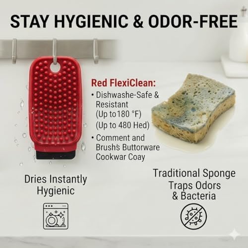 FlexiClean 3-in-1 Silicone Dish Sponge - BPA-Free Food-Grade Cleaning Brush with Dual-Sided Scrubber & Scraper, Hanging Hole Fast-Dry Reusable for Dishes/Fruits/Vegetables (Red 2PCS)