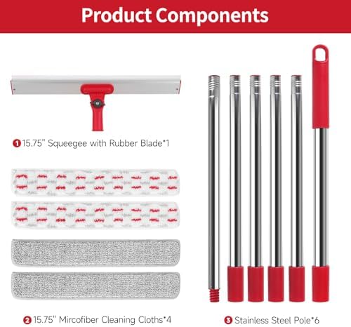 2-in-1 Professional Window Squeegee, 86.6'' Window Cleaner Tool with 6-Section Extension Pole, Window Cleaning Kit with 4 Microfiber Cloth, Window Washing Equipment for in/Outdoor Windows