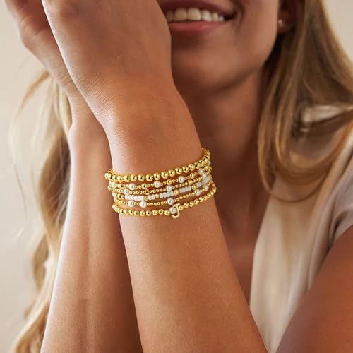 Turandoss 6PCS Gold Beaded Initial Bracelets for Women Girls Gifts Trendy - Dainty 18K Gold Plated Beaded Initial Letter Bracelet Initial A-Z Stretch Bead Stackable Bracelet Birthday Jewelry Gifts