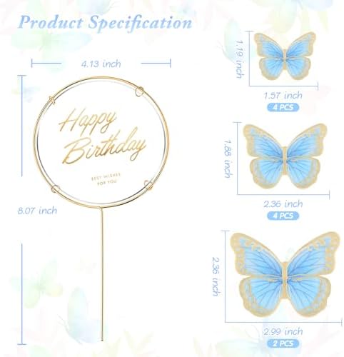11 Pieces Butterfly Cake Toppers With Happy Birthday Cake Toppers 3D Pink Gold Butterfly Cake Decorations for Girls Women's Birthday Party Wedding Cake Decor Baby Shower (Blue)