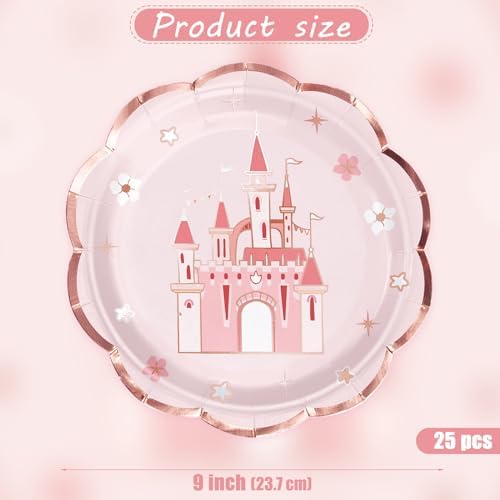 WRAPAHOLIC 25Pcs Castle Paper Plates - 9 Inch Pink Princess Castle Disposable Plates Decorative Dinner Plates for Party Tableware Supplies Table Decor (Pack of 2)