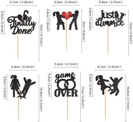 Ercadio Divorce Cupcake Toppers - 24pcs Black Glitter Set for Break Up, Bachelor Freedom Party - Cake Decoration Supplies