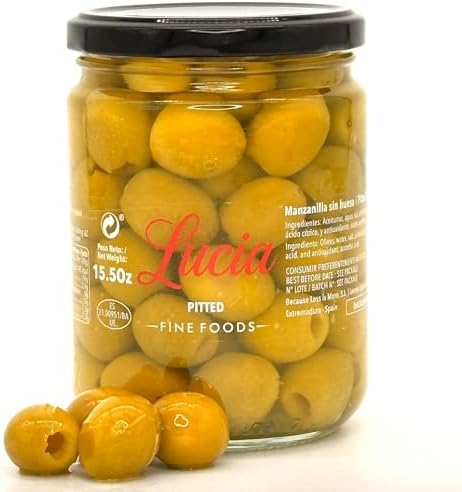 Lucia Fine Foods Spanish Manzanilla Pitted Green Olives – 440g / 15.50 oz Glass Jar – Premium Olives from Extremadura, Spain – GMO-Free, Allergen-Free, Gourmet Quality