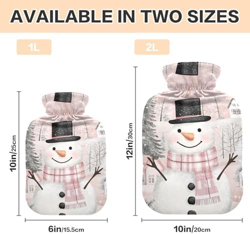 Pink Christmas Snowman Pattern Hot Water Bottle with Cover 2L Large Warm Water Bag for Pain Relief Cramps