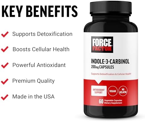 Force Factor Indole 3 Carbinol 200mg Detox and Antioxidant Supplement, Detox for Men and Women with Antioxidants, Clinically Studied Dose, Vegan, No Gelatin, 60 Capsules