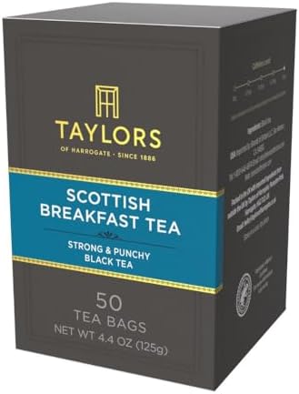 Taylors of Harrogate Scottish Breakfast Black Tea Individually Wrapped Bags, 50 Count (Pack of 1), Strong, Malty and Full, Caffeinated, Enjoy Hot or Iced, 50 Teabags