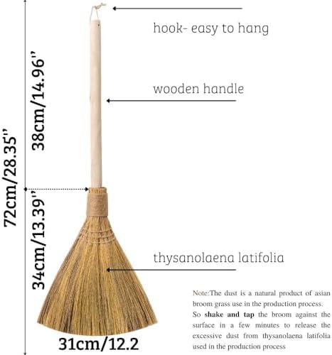 Natural Whisk Sweeping Hand Handle Broom - Brooms for Wedding Jumping Ceremony Halloween DIY Decoration - Vietnamese Straw Soft Broom - 12.2" Width, 28.35" Length