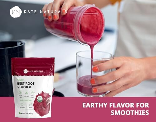 Kate Naturals Organic Beet Root Powder for Smoothies, Baking & Juice. Raw Beetroot Superfood & Natural Red Food Coloring (12oz, Non-GMO, Earthy Flavor)