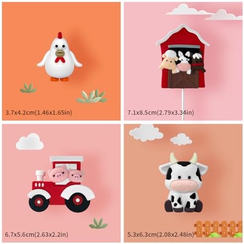 6 PCS Farm Cake Topper with Cow Tractor Cake Decorations for Farm Animal Theme Birthday Party Decoration Supplies (Red)