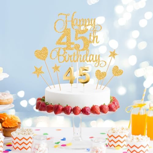 45th Birthday Cake Decorations, 45th Birthday Candles Cake Numeral Candles and Glitter Happy 45th Birthday Cake Toppers Set for Birthday Party Supplies (Gold)