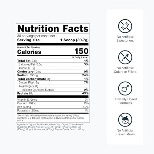 Transparent Labs 100% Pea Protein Powder - 28g Organic Plant Protein per Serving, Clean Pea Isolate Powder, USDA Organic, Vegan, Gluten-Free, Sugar-Free, Non-GMO - 30 Servings, Chocolate