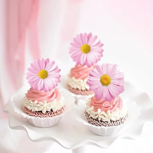 60Pcs Edible Daisy Cupcake Toppers Wafer Paper Flower Cake Topper Decorations Flower Chrysanthemum Party Decorations for Birthday Wedding Kids Birthday Party Supplies Pink