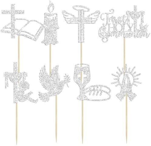 Ephlyn 32Pcs First Holy Communion Cupcake Toppers Glitter Dove Cross God Bless and Baptism Cupcake Picks First Communion Theme Baby Shower Birthday Party Cake Decorations Supplies Silver