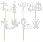 Ephlyn 32Pcs First Holy Communion Cupcake Toppers Glitter Dove Cross God Bless and Baptism Cupcake Picks First Communion Theme Baby Shower Birthday Party Cake Decorations Supplies Silver