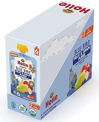 Holle Organic Baby Food Pouches - Blue Bird Baby Puree with Pear, Apple, Blueberry & Oat - (6 Pack) Organic Baby Snacks + Fruit and Veggie Pouches for Weaning Babies 6 Months and Older