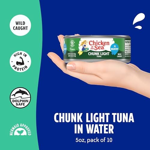 Chicken of the Sea Wild Caught Chunk Light Tuna, 5 Ounce Cans, 10-Count – High Protein 100% Classic Chunk Tuna in Water – Delicious, Easy, Nutritious Ready to Eat Meals