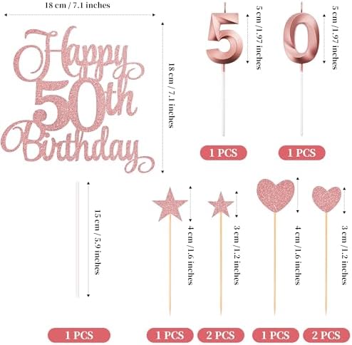 50th Birthday Cake Decorations, 50th Birthday Candles Cake Numeral Candles and Glitter Happy 50th Birthday Cake Toppers Set for Birthday Party Supplies (Rose Gold)