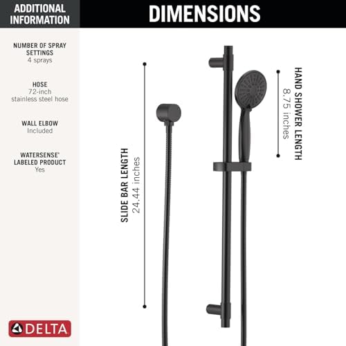 Delta Faucet Slide Bar Hand Held Shower with Hose, Black Handheld Shower Head, Slide Bar Hand Shower, Handheld Shower, Detachable Shower Head, Matte Black 51361-BL