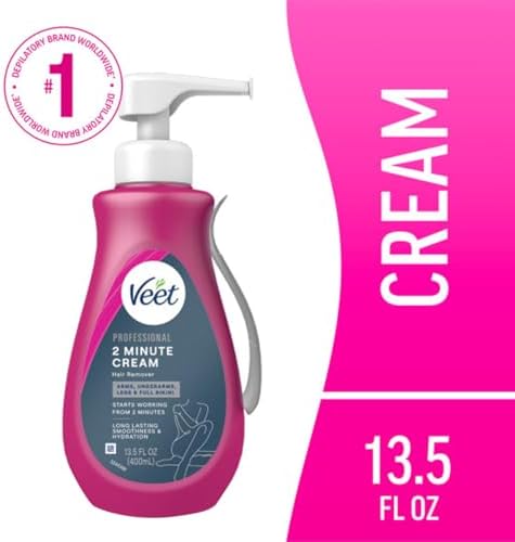 Veet Professional 2 Minute Cream for All Skin Types with Shea Butter, Full Bikini & Pubic Hair Removal, Dermatologically Tested, 13.5 FL OZ Bottle w/Spatula