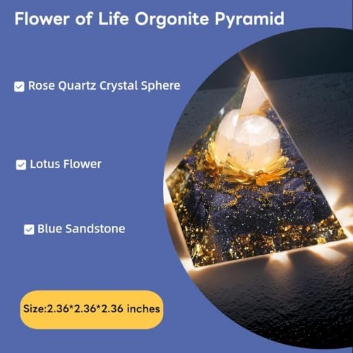 New Inspirational Crystal Pyramid Orgone Pyramids Flower of Life Rose Quartz with Blue Standstone Reiki Charged Energy Pyramid Generator for Protection Meditation Orgonite Pyramids