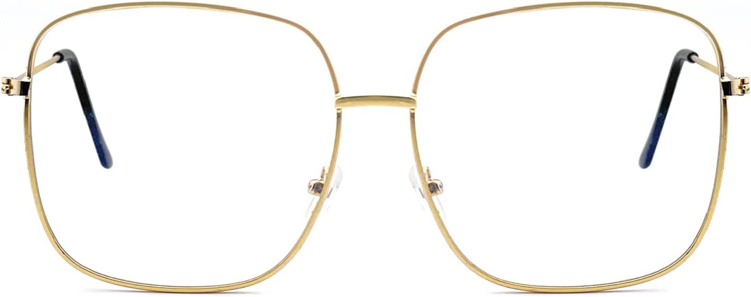 Oversized Square Metal Reading Glasses Women Men, Large Anti Eyestrain Eyewear, Blue Light Blocking Computer Readers