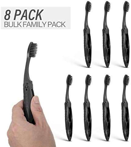 Boao 8 Packs Travel Toothbrushes Individually Wrapped Black Folding Toothbrush for Travel Camping Portable Charcoal Toothbrush with Soft Medium Bristles