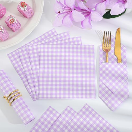 80 Pcs Purple Gingham Napkins, 6.5X6.5 Inch Easter Napkins Purple and White Checkered Napkin Lavender Plaid Napkin Gingham Party Supplies for Baby & Bridal Shower, Wedding, Picnic