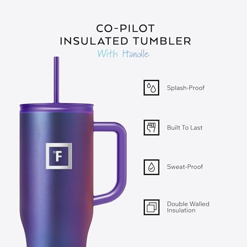 IRON °FLASK Co-Pilot Insulated Mug w/Straw & Flip Cap Lids - Cup Holder Bottle for Hot, Cold Drink - Leak-Proof- Water, Coffee Portable Travel Tumbler - Fire Red, 40 Oz