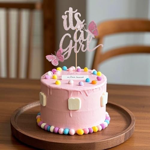 ALISSAR New Double Sided Rose Gold It's A Girl with Butterfly Cake Topper Baby Shower Cake Topper with 3d Handmade Butterfly for Baby Girl Baby Shower Party Decorations(double sided glitter)