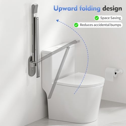 Flip Up Grab Bar with Support Leg, 26.8" high Toilet Safety Rails for Seniors, Wall Mounted Toilet Grab Bars for Disabled and Elderly, Space-Saving Foldable Handicap Bars for Bathroom