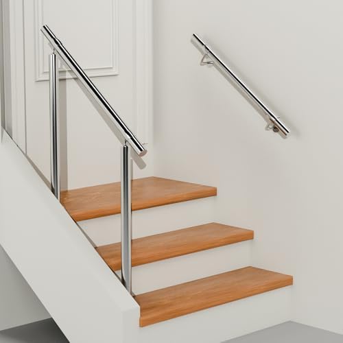 3 Ft Industrial Metal Stairs Handrail Kit, Sturdy Wall Mount 304 Stainless Steel Hand Rail, Indoor Outdoor Stair Railing Wood Concrete Brick Wall,1.65 in Round Pipe Grab Bar, Silver