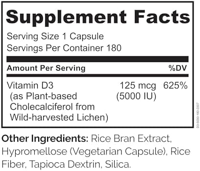 NATURELO Vitamin D - 5000 IU - Plant Based from Lichen - Natural D3 Supplement for Immune System, Bone Support, Joint Health - High Potency - Vegan - Non-GMO - Gluten Free - 180 Capsules