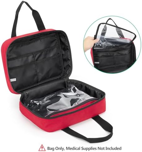 CURMIO Small First Aid Bag, Empty Emergency Trauma Kit Organizer Bag for Hiking, Camping, Car, Travel, Home and Outdoor, Red, BAG ONLY, Patent Pending