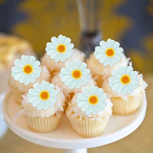 40PCS Edible Daisy Cupcake Toppers White Daisy Flower Cupcake Picks for Spring Flower Baby Shower Girls Birthday Party Drink Toppers Bridal Engagement Wedding Anniversary Party Decorations Supplies