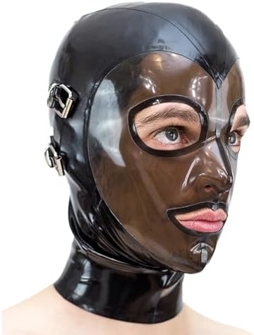 Latex Mask Rubber Hood with Detachable Blindfold and Mouthfold,Handmade Back Zipper for Latex Lovers