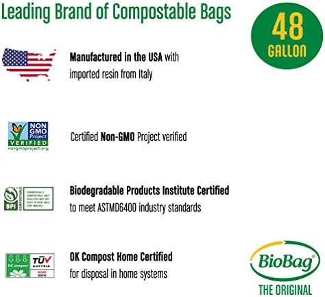 BioBag (USA) The Original Compostable Bag, 48 Gallon, 80 Count, 100% Certified Compostable Trash Bag Liners for Food Waste, Extra Strong and Durable, Trash Bag