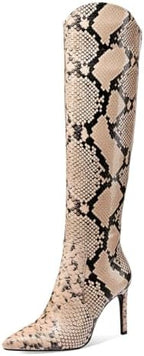 JANSEVEN Snakeskin Knee High Boots for Women Snake Skin Tall Boot with Stiletto High Heel Python Print Pointed Toe Fashion Boots Side Zipper
