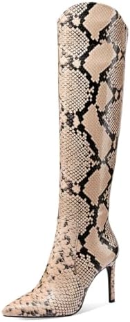 JANSEVEN Snakeskin Knee High Boots for Women Snake Skin Tall Boot with Stiletto High Heel Python Print Pointed Toe Fashion Boots Side Zipper