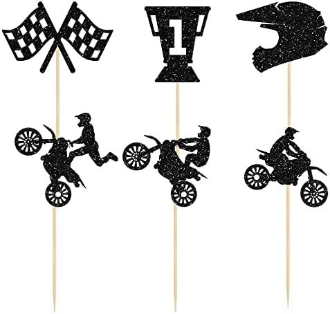 Ephlyn Motorcycle Cupcake Topper, 24 Pcs Black Glitter Decorations for Sports Motocross Theme Man Boy Birthday Party Cake