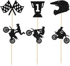 Ephlyn Motorcycle Cupcake Topper, 24 Pcs Black Glitter Decorations for Sports Motocross Theme Man Boy Birthday Party Cake