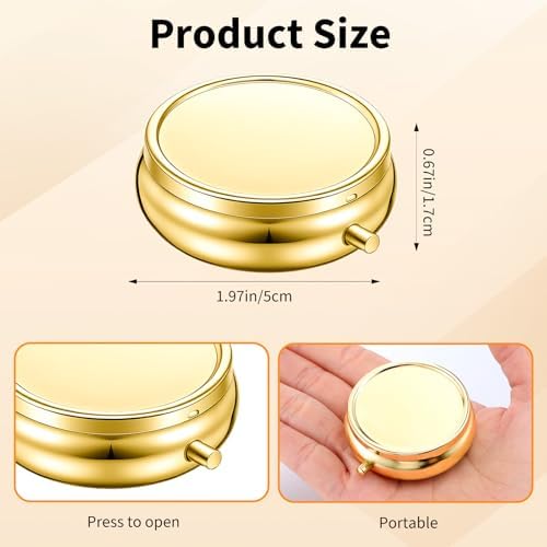 2Pcs Pill Box, 3 Compartment Round Small Pill Case & 1 Compartment Cute Travel Pill Organizer, Waterproof Metal Pills Container Holder for Vitamins Medication Fish Oil Supplements(Gold)